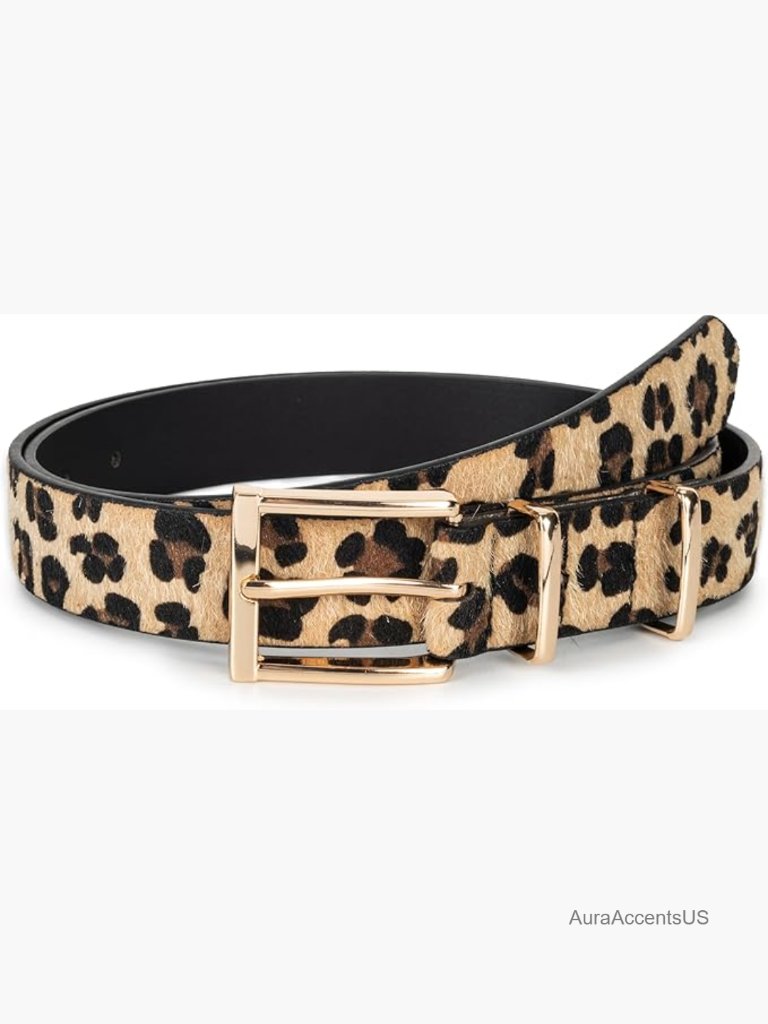 Women's Leopard Print Faux Leather Belt With Gold Pin Buckle